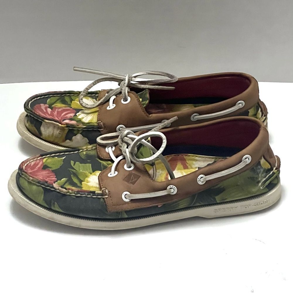 Sperry Leather Canvas Mens Boat Shoes Sz 8 Floral Preppy Casual Nautical Coastal - Picture 7 of 12
